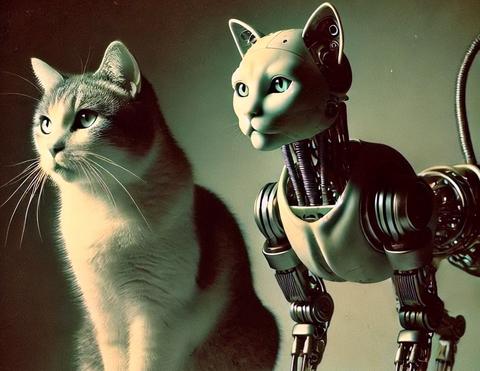 two cats: one normal, one mechanical